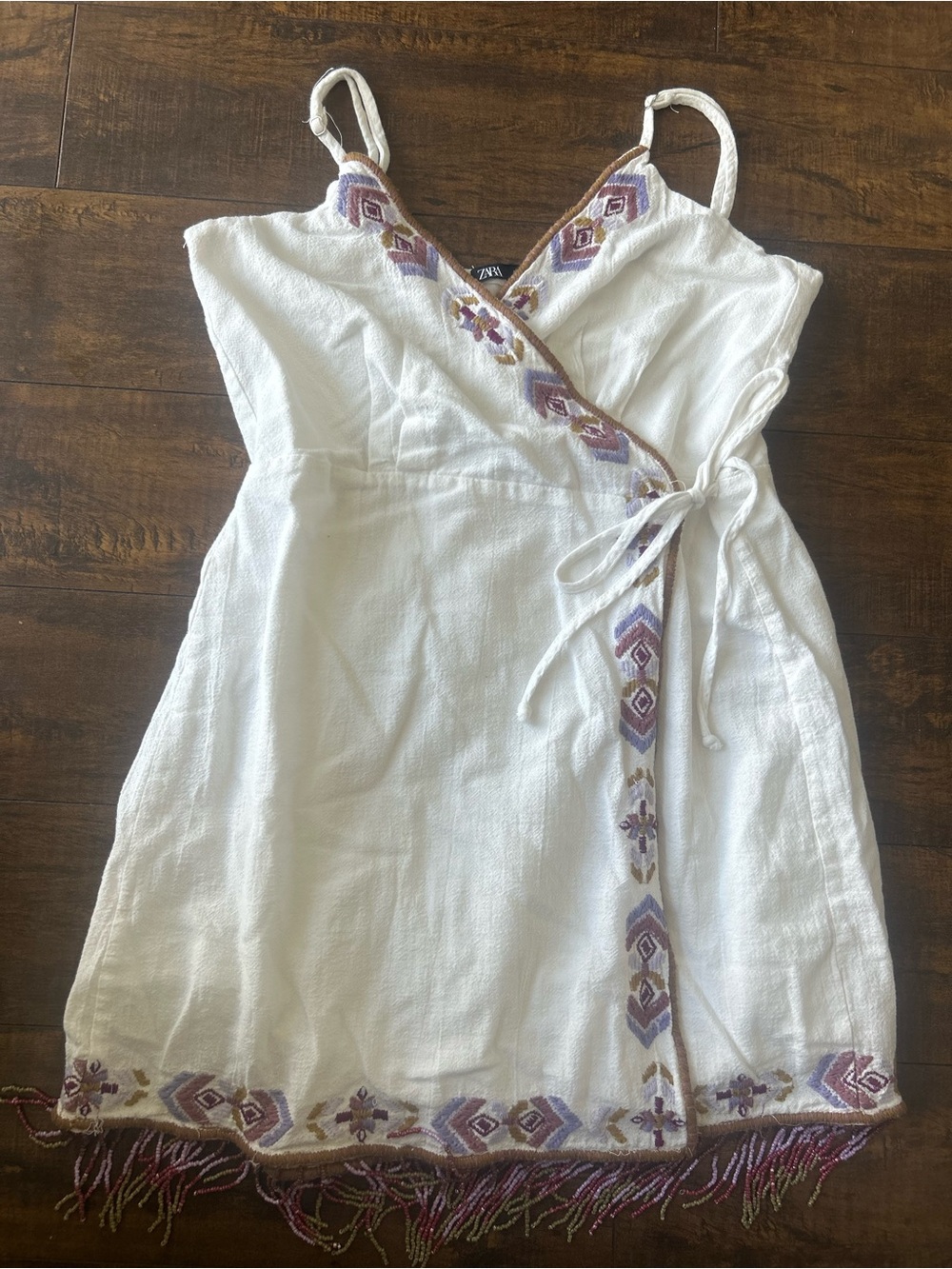 White Embroidered Wrap Dress with Fringe